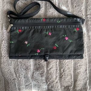 LeSport Sac Floral Embroidered Black Clutch Bag